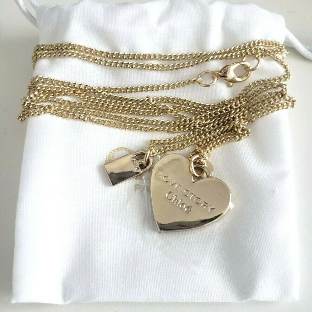 New! Cute Aesthetic CHLOE Love Story Heart Shape Long Pendant Necklace Gold Tone